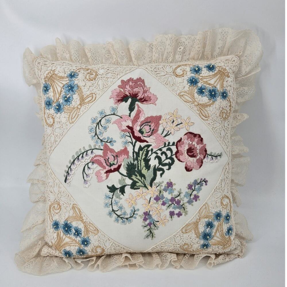 Vintage 90s Grandmacore Embroidered Candmar Designs Victorian Style Throw Pillow